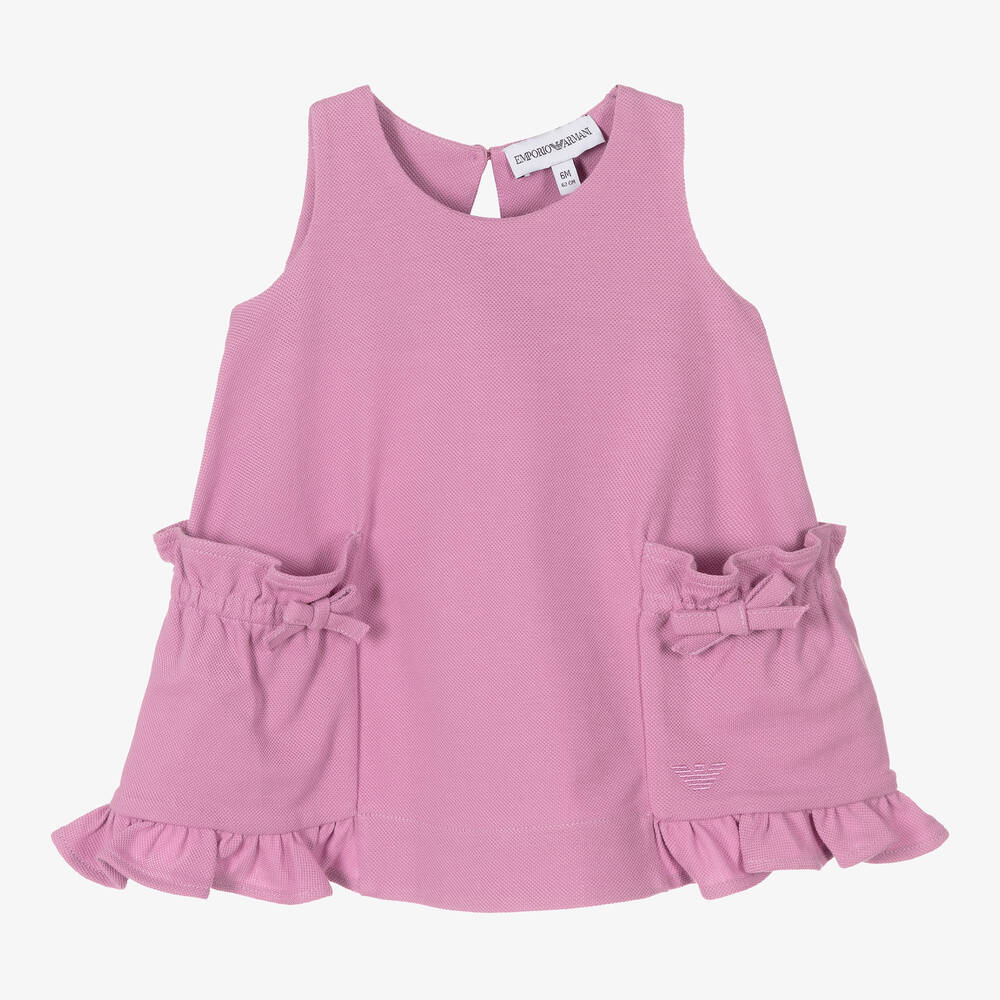 Emporio Armani-فستان أطفال بناتي قطن بيكيه لون زهري ليلكي | Childrensalon Outlet