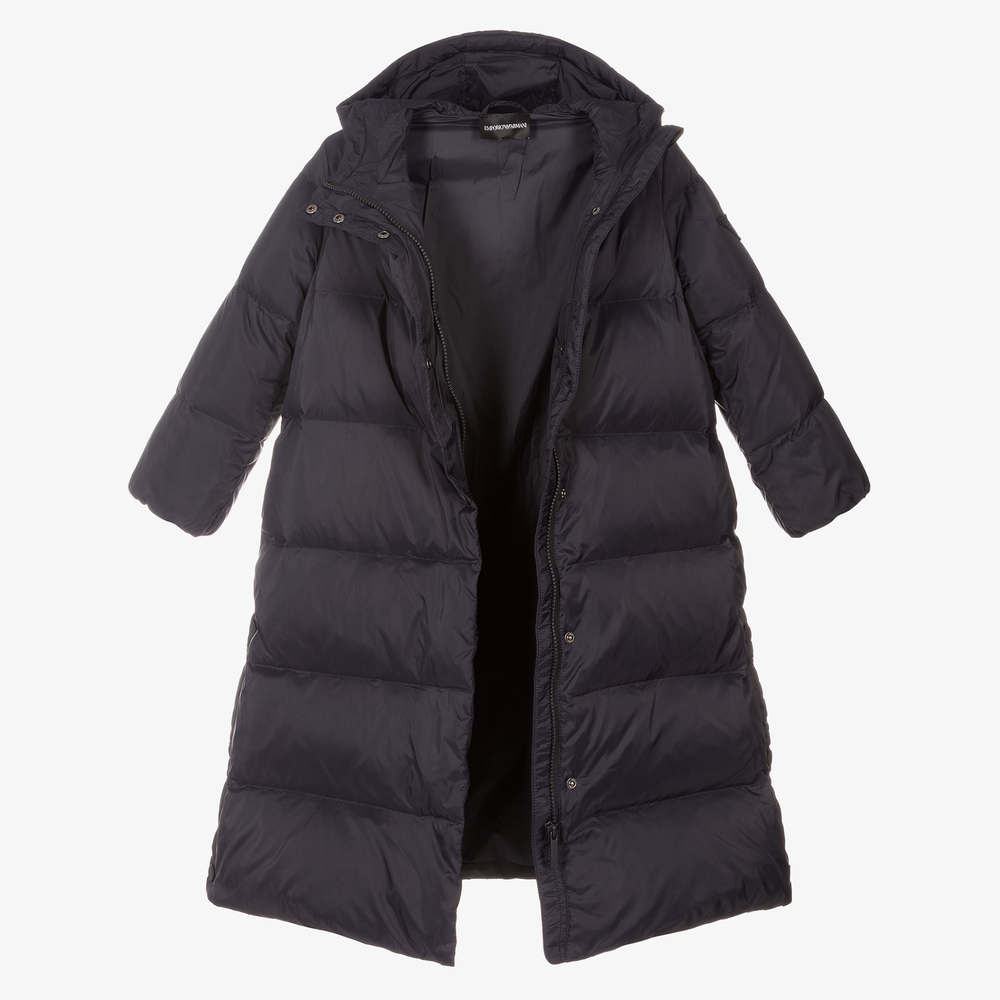 Emporio Armani Girls Long Blue Puffer Coat Childrensalon Outlet