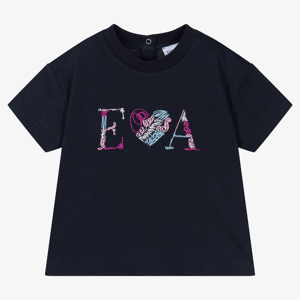 Emporio Armani - Girls Navy Blue Cotton EA T-Shirt | Childrensalon