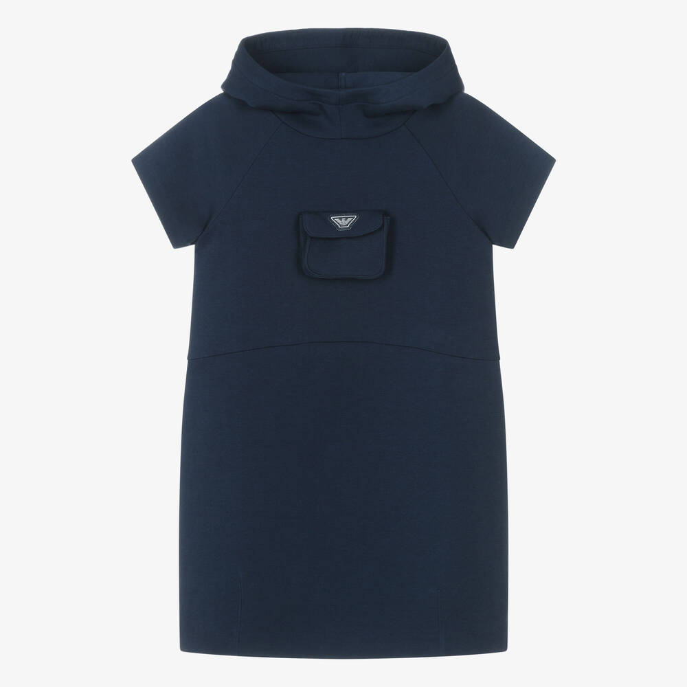 Emporio Armani-Синее хлопковое платье с капюшоном для девочек | Childrensalon Outlet