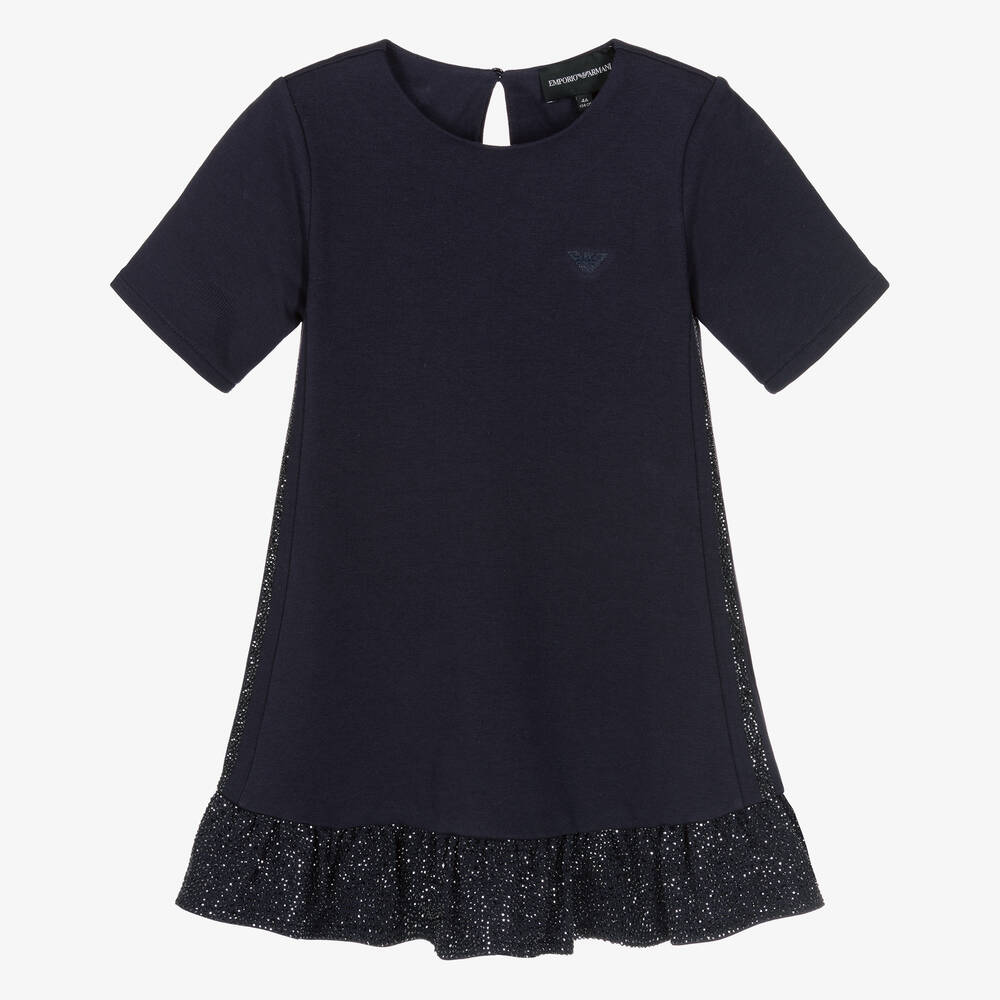 Emporio Armani - Girls Navy Blue Diamanté Jersey Dress | Childrensalon