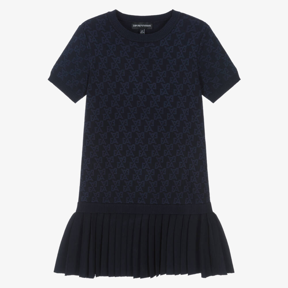 Emporio Armani-Girls Navy Blue EA Logo Jacquard Knit Dress | Childrensalon Outlet