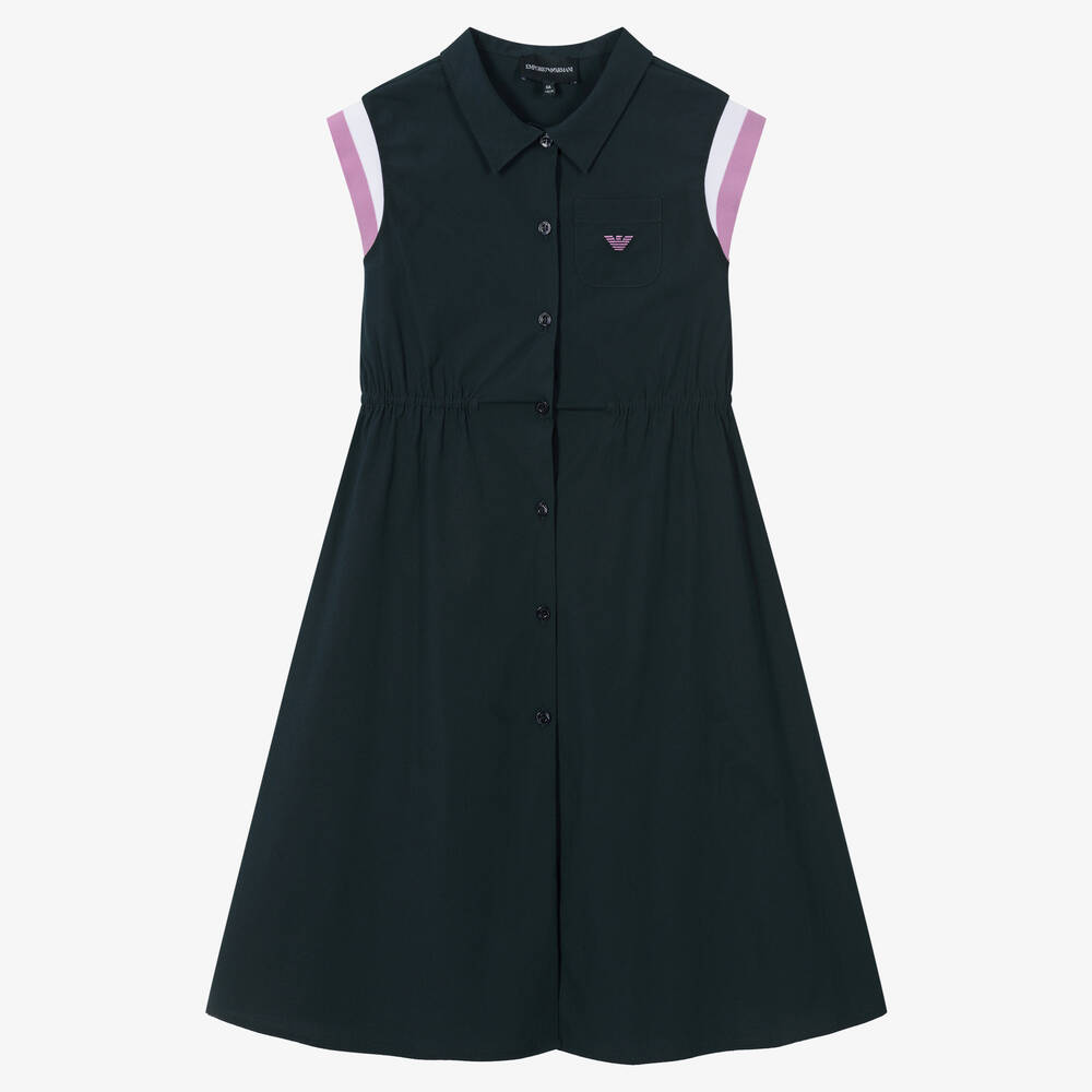 Emporio Armani - Girls Navy Blue Long Cotton Dress | Childrensalon
