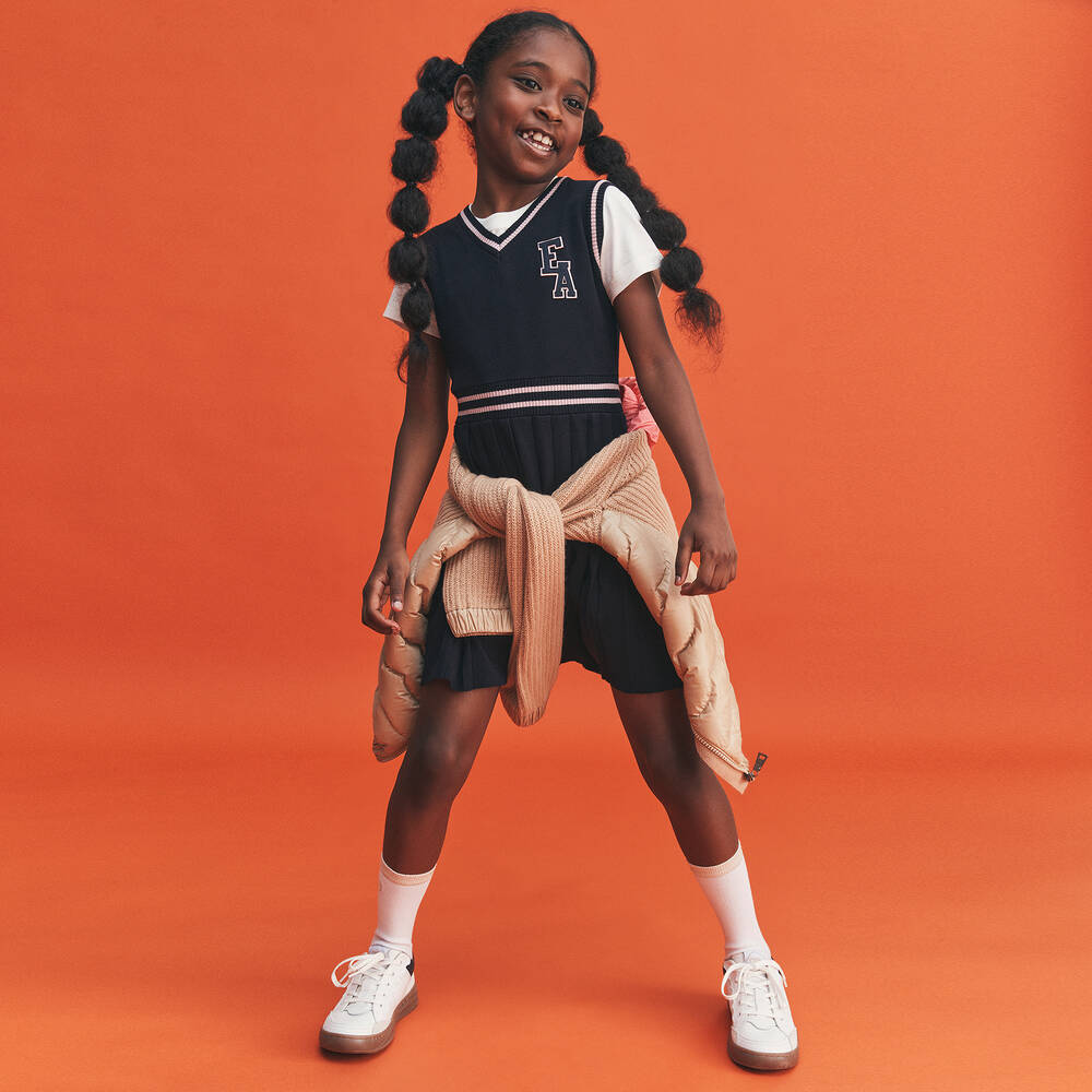 Emporio Armani-Синее плиссированное платье для девочек | Childrensalon Outlet