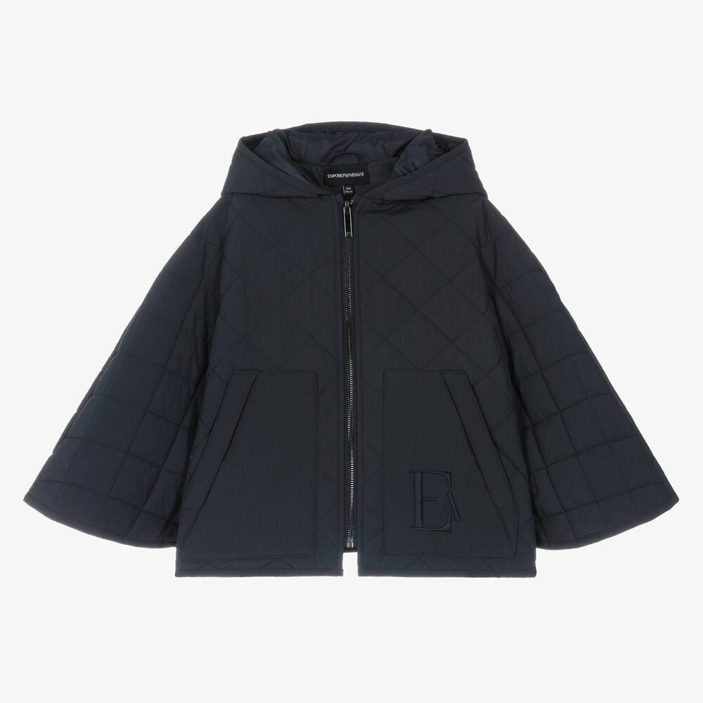 Emporio Armani - Girls Navy Blue Quilted Hooded Cape  | Childrensalon