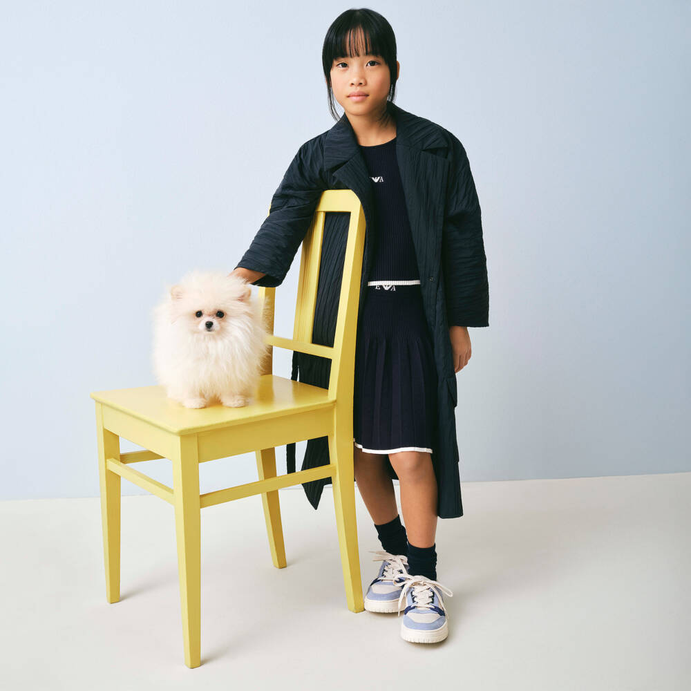 Emporio Armani-Girls Navy Blue Ribbed Knit Pleated Skirt Set | Childrensalon Outlet
