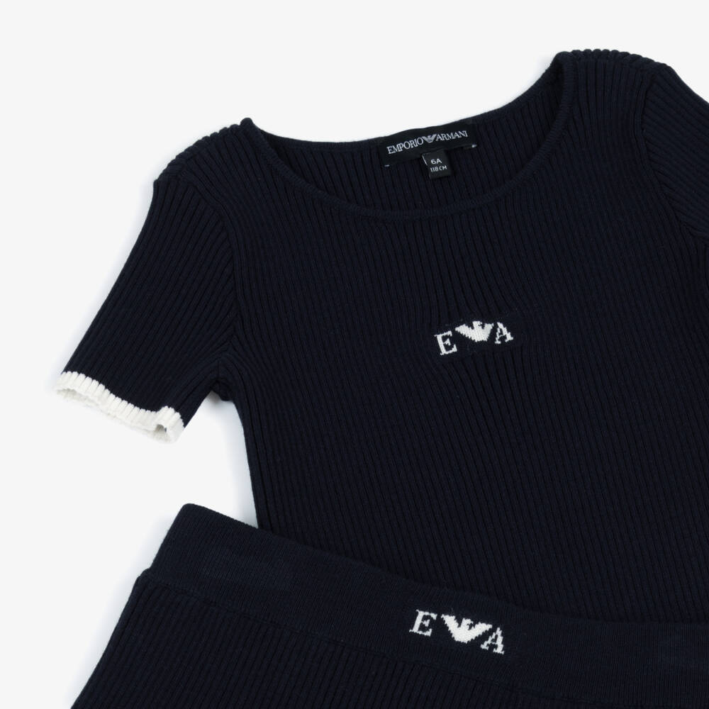 Emporio Armani-Girls Navy Blue Ribbed Knit Pleated Skirt Set | Childrensalon Outlet