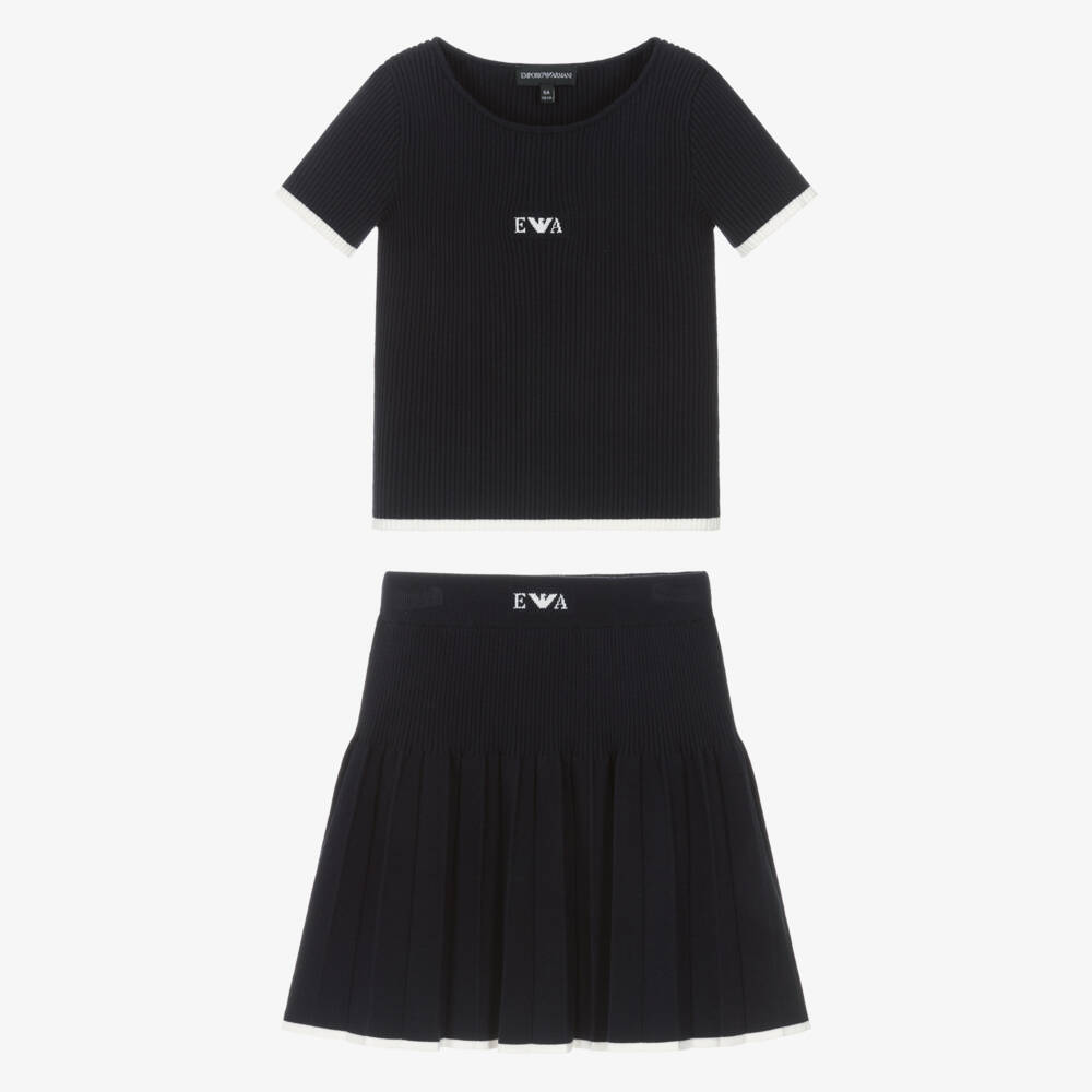 Emporio Armani-Girls Navy Blue Ribbed Knit Pleated Skirt Set | Childrensalon Outlet