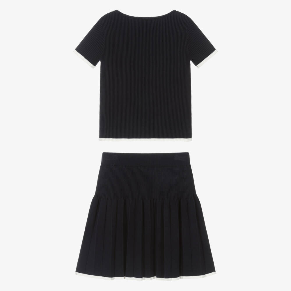 Emporio Armani-Girls Navy Blue Ribbed Knit Pleated Skirt Set | Childrensalon Outlet