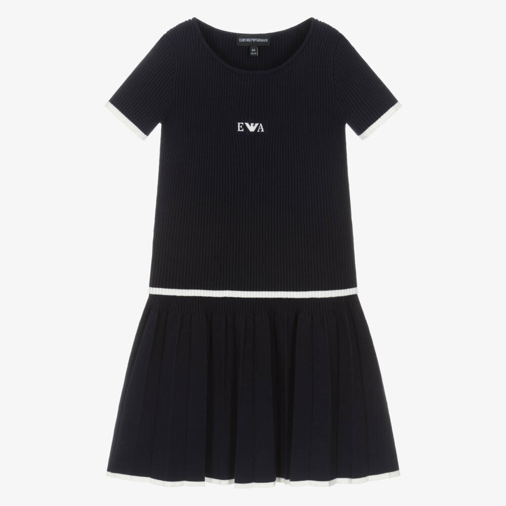 Emporio Armani-Girls Navy Blue Ribbed Knit Pleated Skirt Set | Childrensalon Outlet