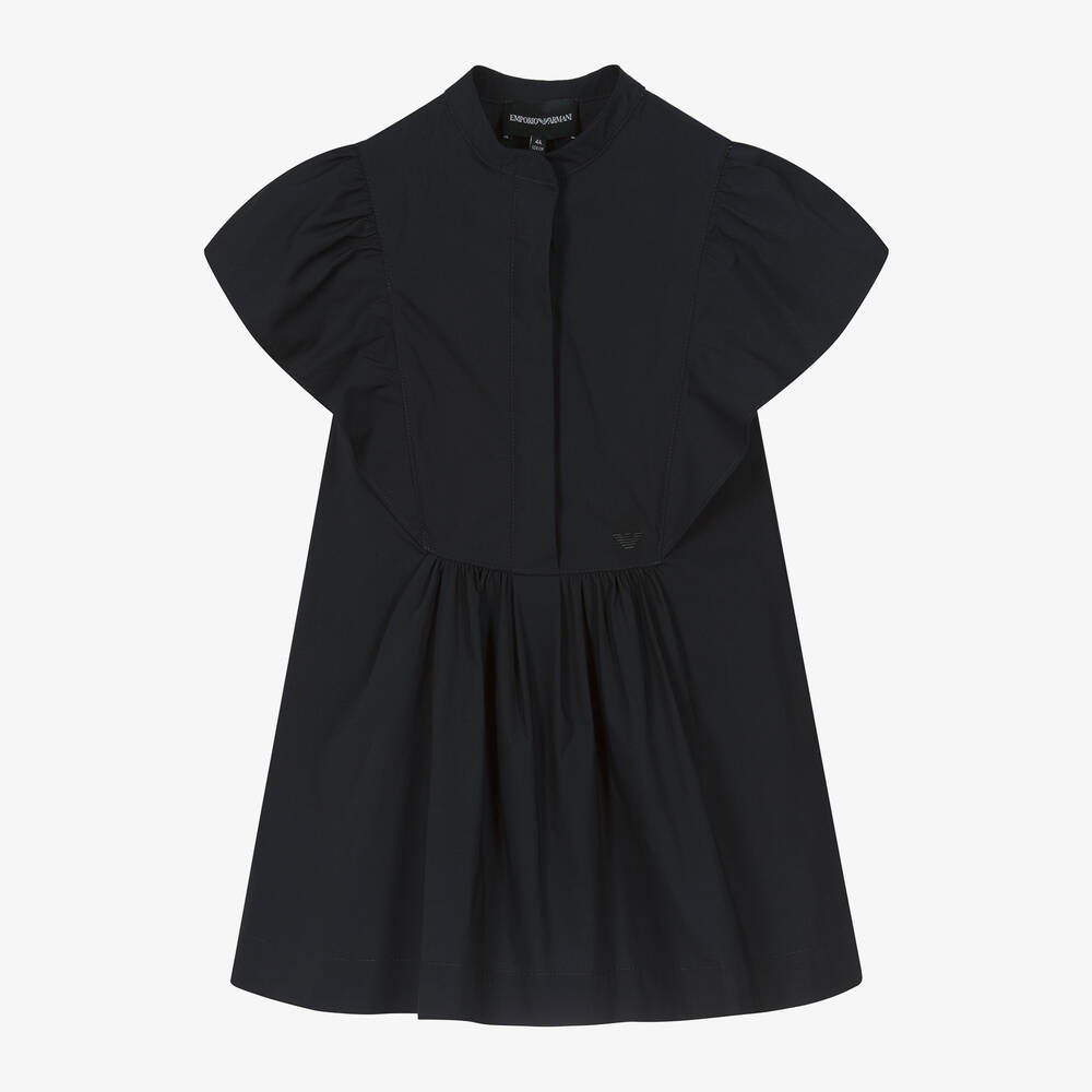 Emporio Armani-Girls Navy Blue Ruffle Cotton Dress | Childrensalon Outlet