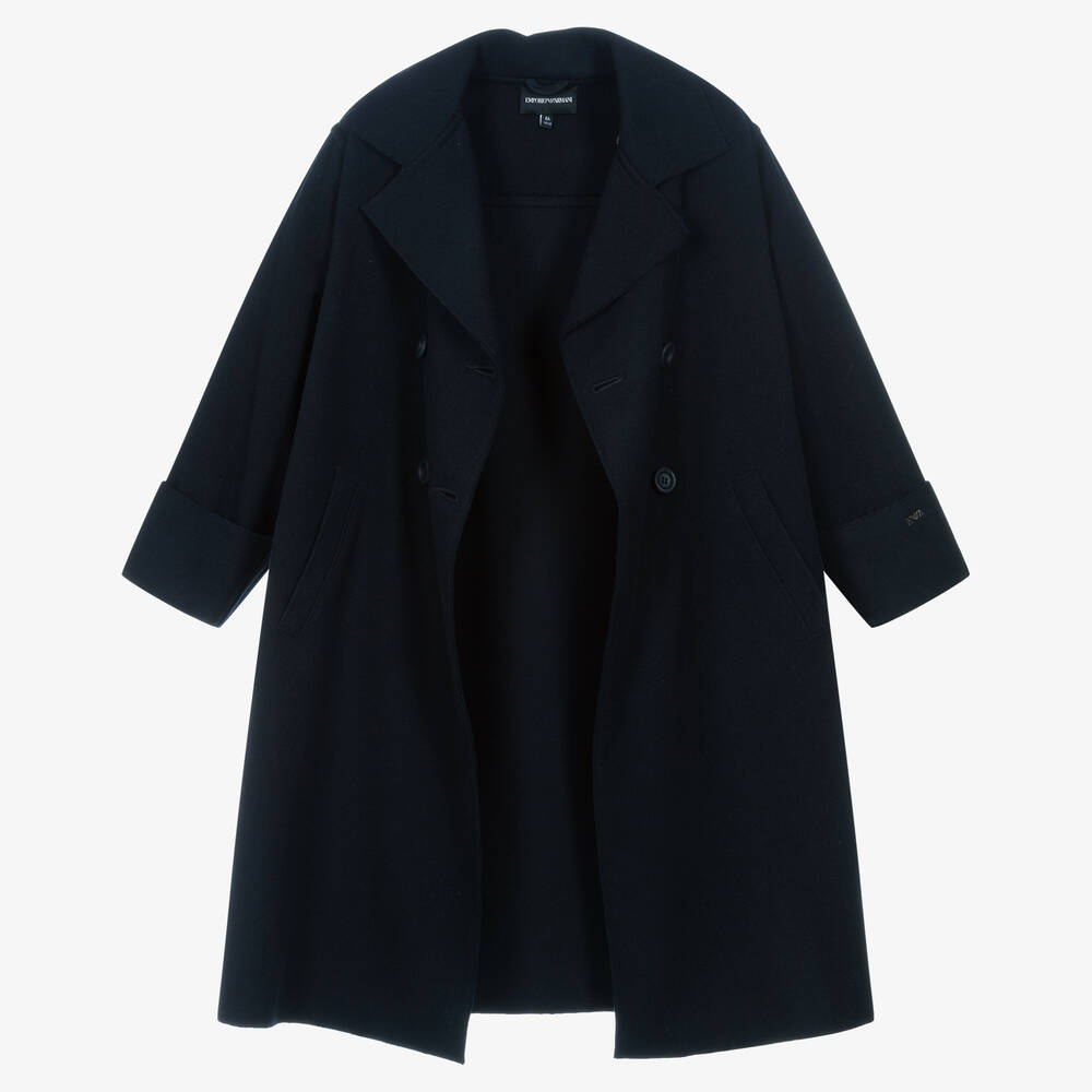 Emporio Armani-Girls Navy Blue Wool Pea Coat | Childrensalon Outlet