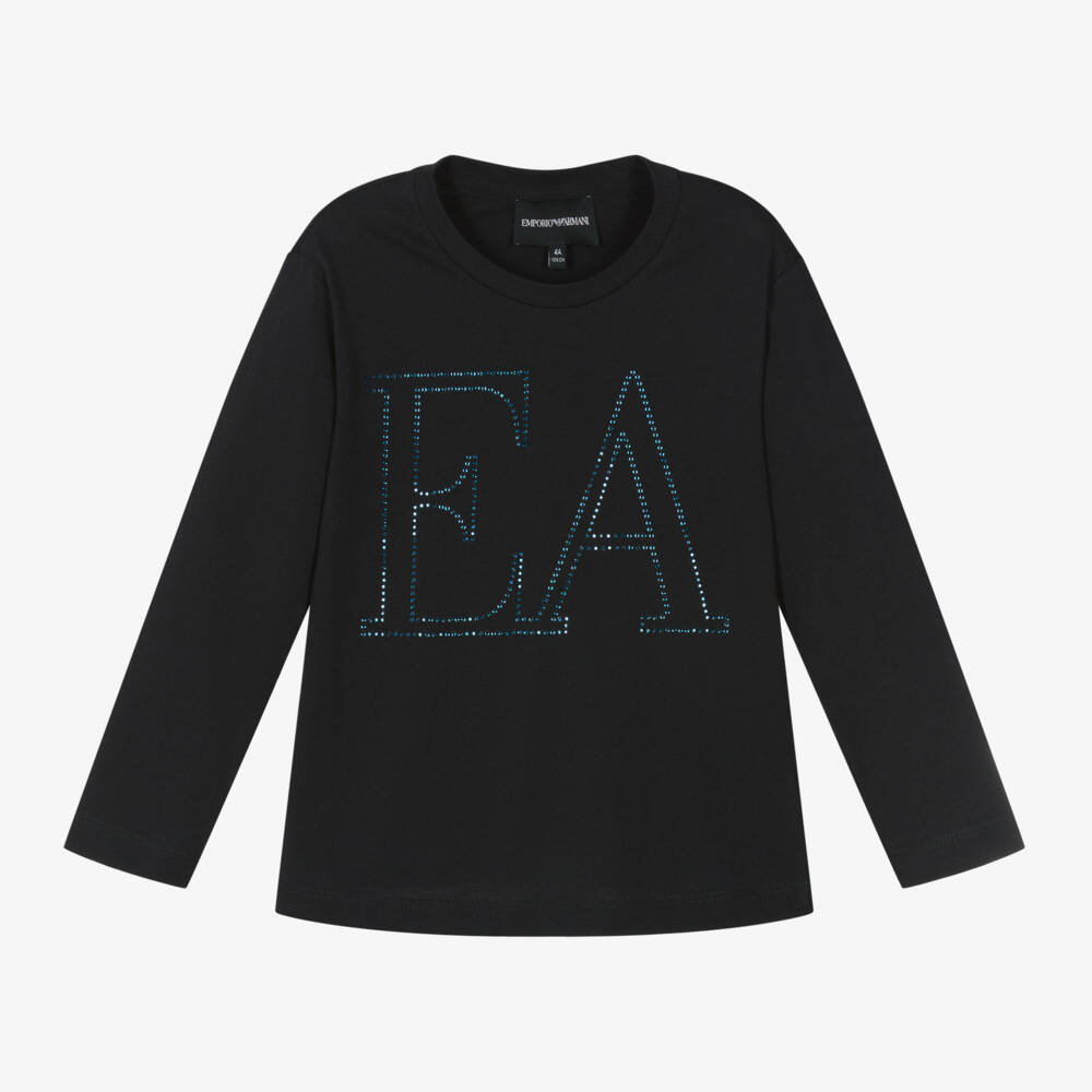 Emporio Armani-توب بشعار براق قطن لون كحلي للبنات | Childrensalon Outlet