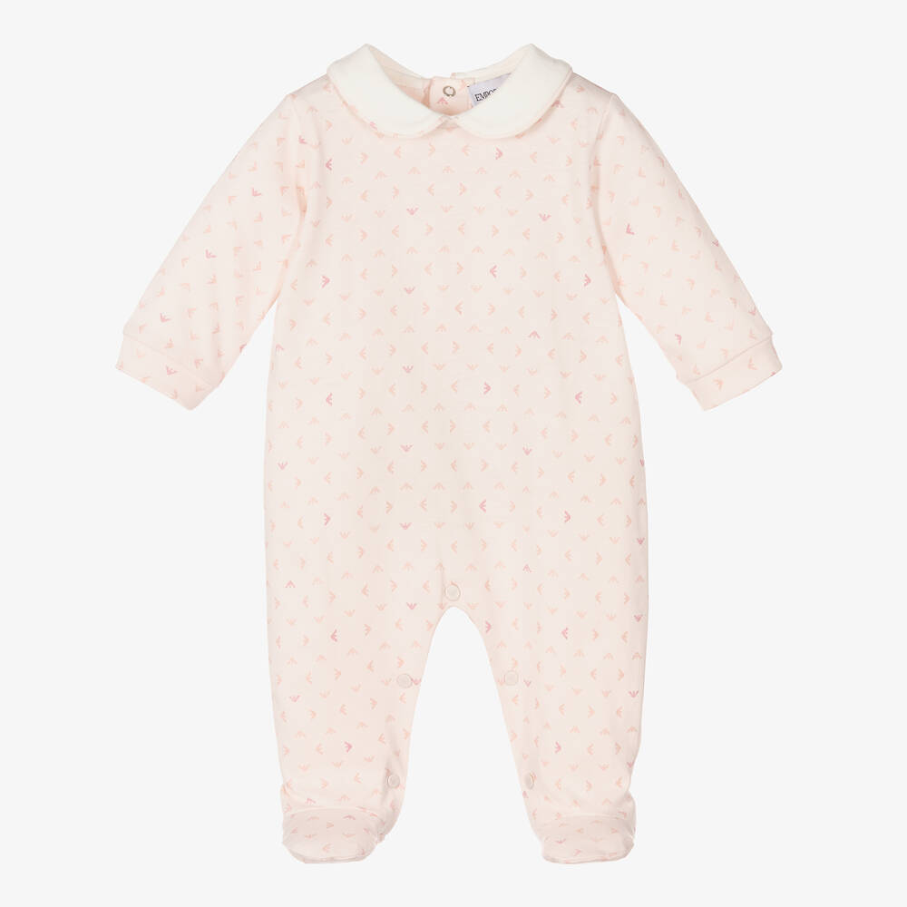 Emporio Armani - Girls Pale Pink Cotton Logo Babygrow | Childrensalon