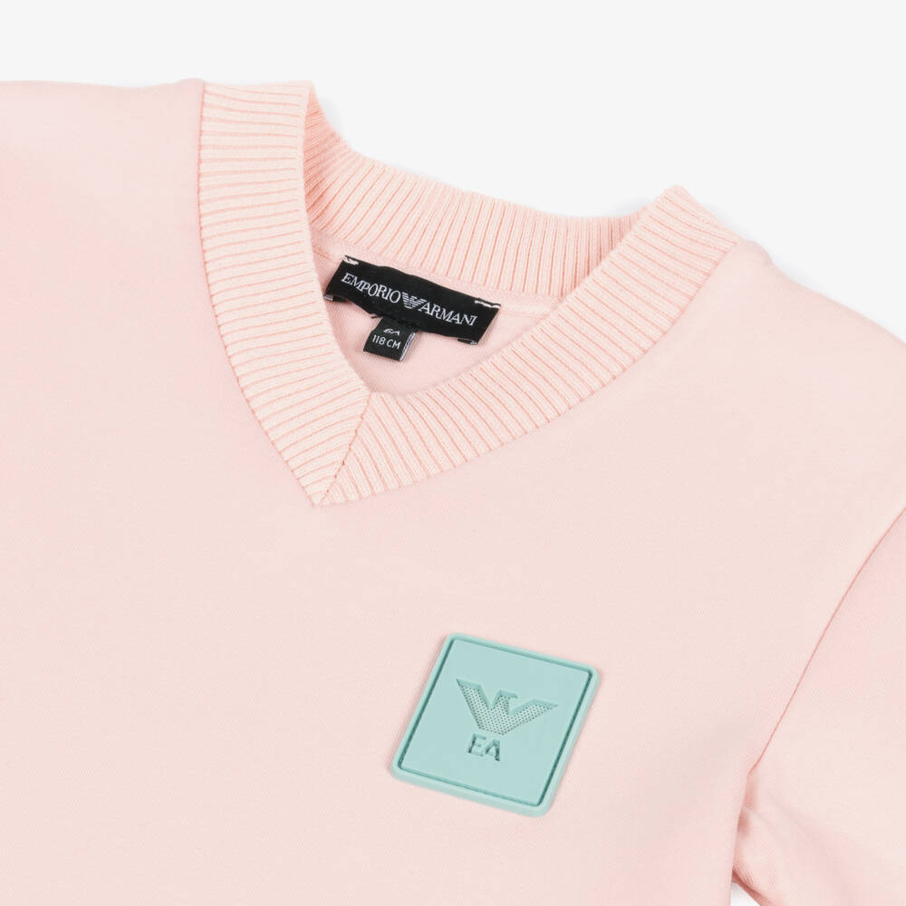 Emporio Armani-Girls Pale Pink Pleated Jersey Dress with Lacy Knit Trim | Childrensalon Outlet