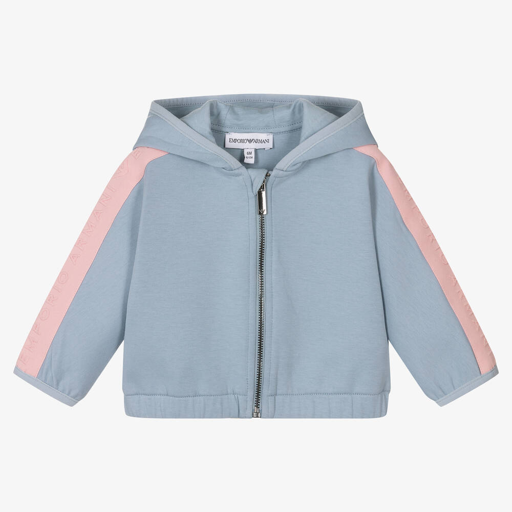 Emporio Armani - Sweat à capuche bleu pastel zippé  | Childrensalon