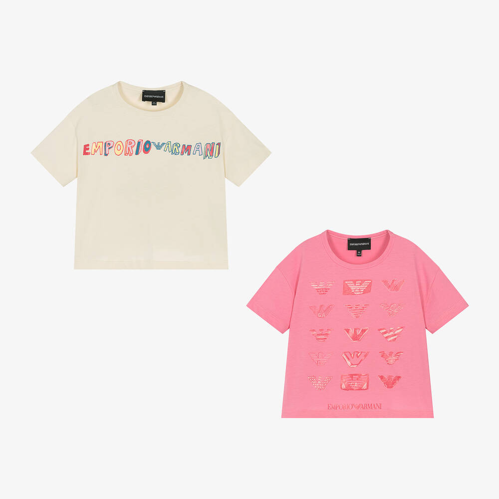 Emporio Armani-تيشيرت قطن جيرسي لون زهري وبيج للبنات (عدد 2) | Childrensalon Outlet