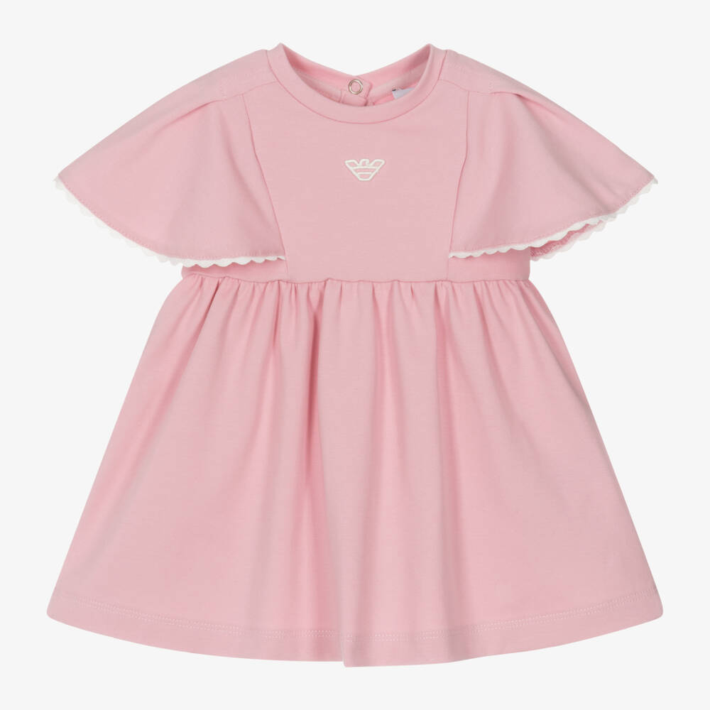 Emporio Armani-فستان قطني وردي للبنات بأكمام كاب | Childrensalon Outlet