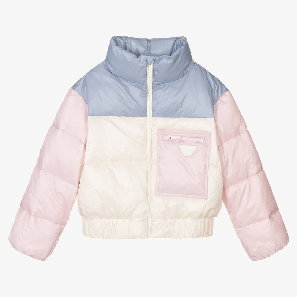 Emporio Armani - Girls Pink Colourblock Puffer Jacket | Childrensalon