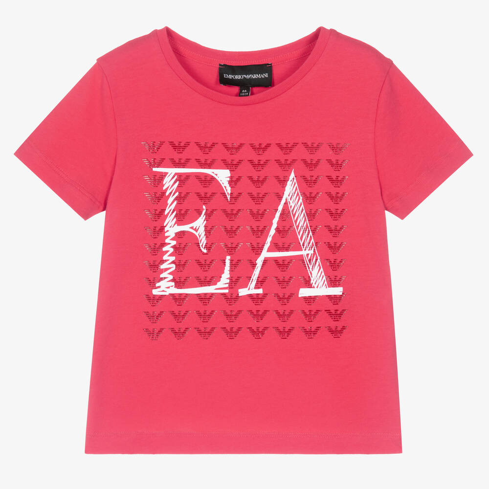Emporio Armani - Girls Pink Cotton EA T-Shirt | Childrensalon