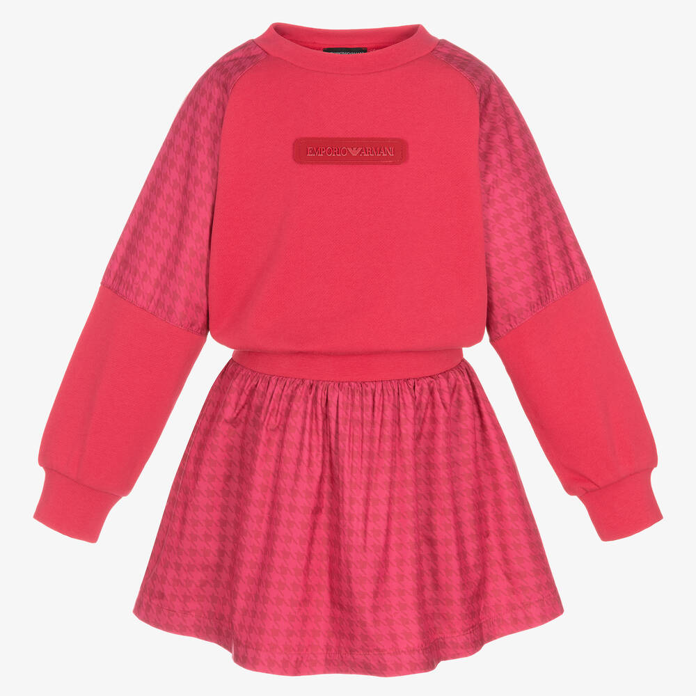 Emporio Armani - Girls Pink Cotton Houndstooth Dress | Childrensalon