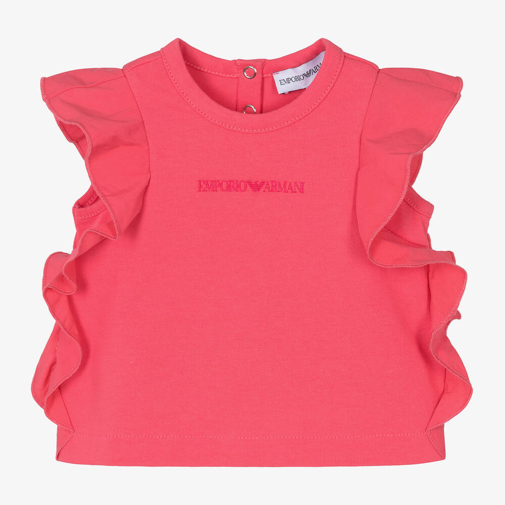 Emporio Armani-Girls Pink Cotton Ruffle T-Shirt | Childrensalon Outlet