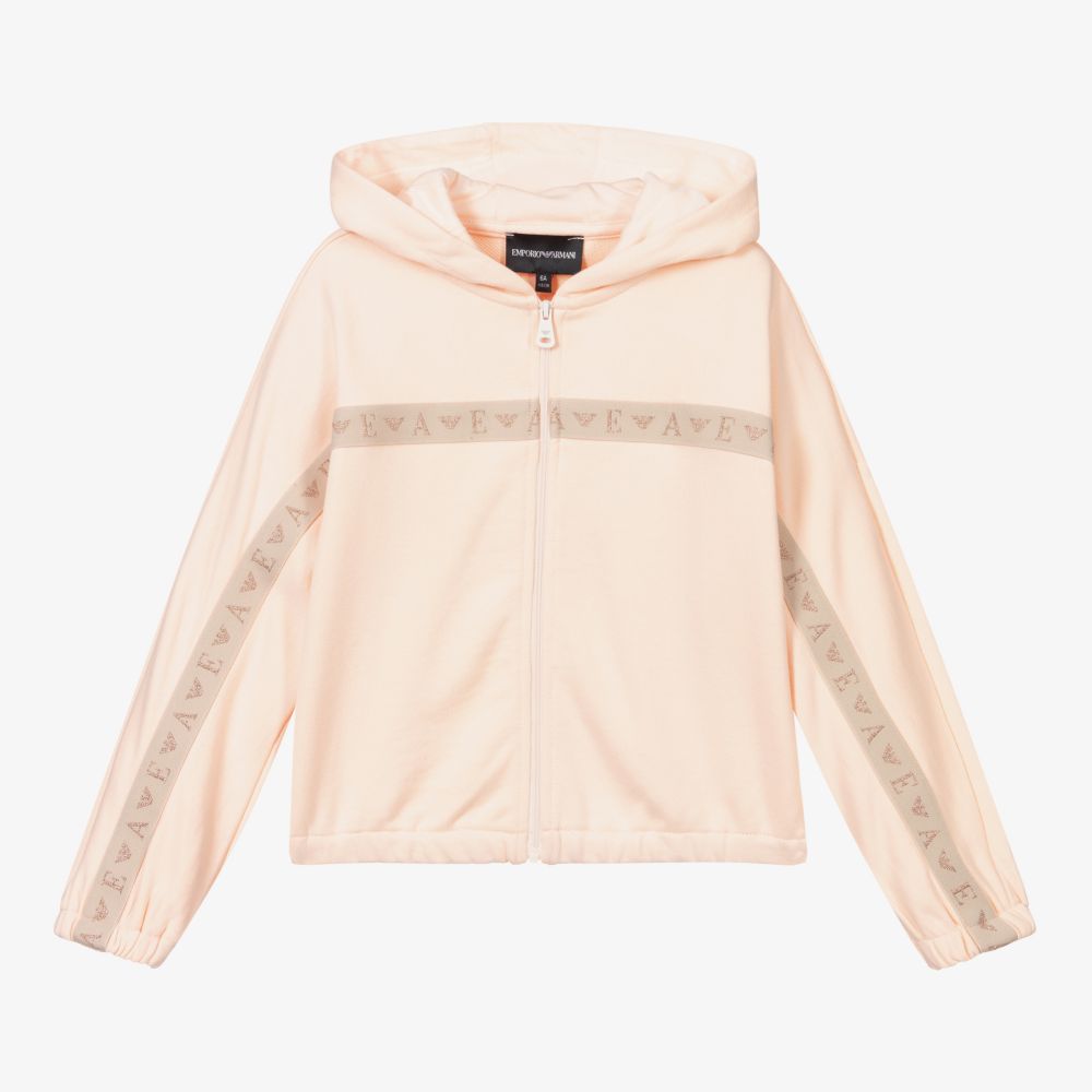 Emporio Armani-توب هودي بسحّاب قطن جيرسي لون زهري للبنات | Childrensalon Outlet