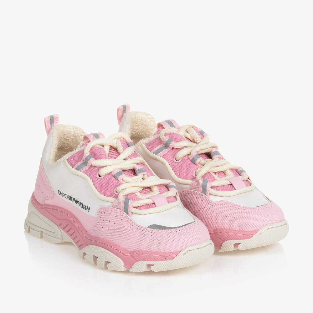 Emporio Armani - Girls Pink & Ivory Lace-Up Trainers | Childrensalon