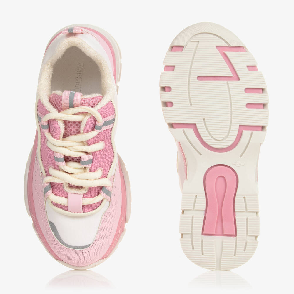 Emporio Armani-ترينرز بأربطة لون زهري وعاجي للبنات | Childrensalon Outlet