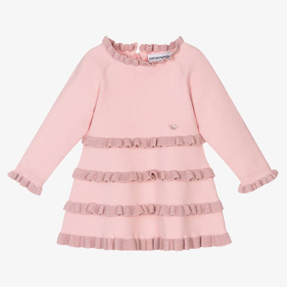 Emporio Armani - Girls Pink Knitted Frill Dress  | Childrensalon