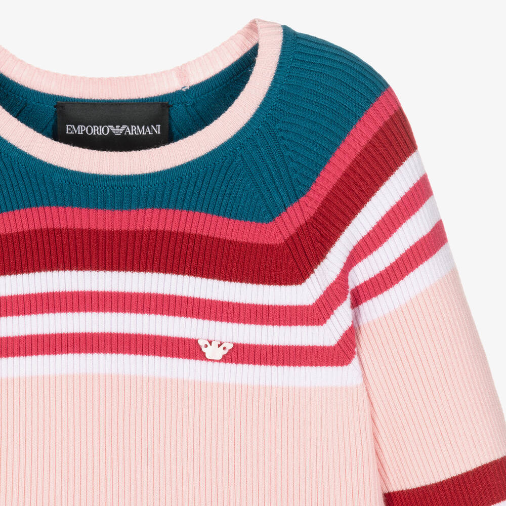 Emporio Armani- Girls Pink & Red Striped Knitted Dress | Childrensalon Outlet