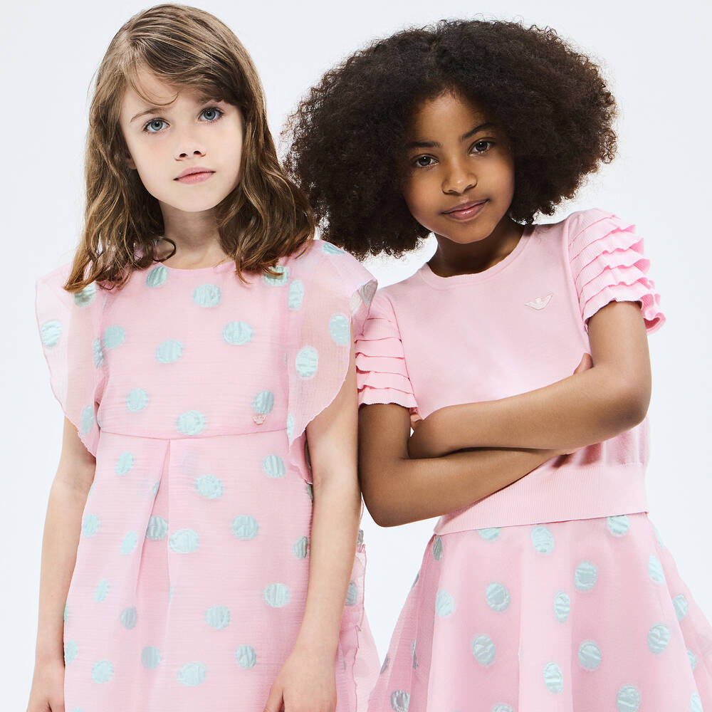 Emporio Armani-تيشيرت فيسكوز محبوك لون زهري مع أكمام كشكش | Childrensalon Outlet