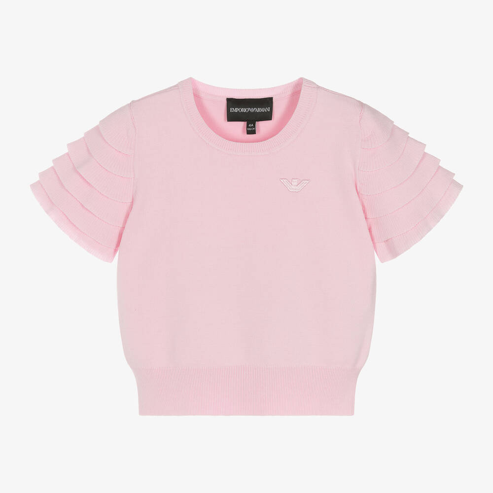 Emporio Armani-Girls Pink Ruffle Sleeve Knitted T-shirt | Childrensalon Outlet