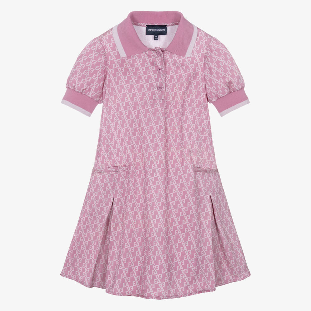 Emporio Armani-Girls Pink Satin Polo Dress with EA Logo Print | Childrensalon Outlet