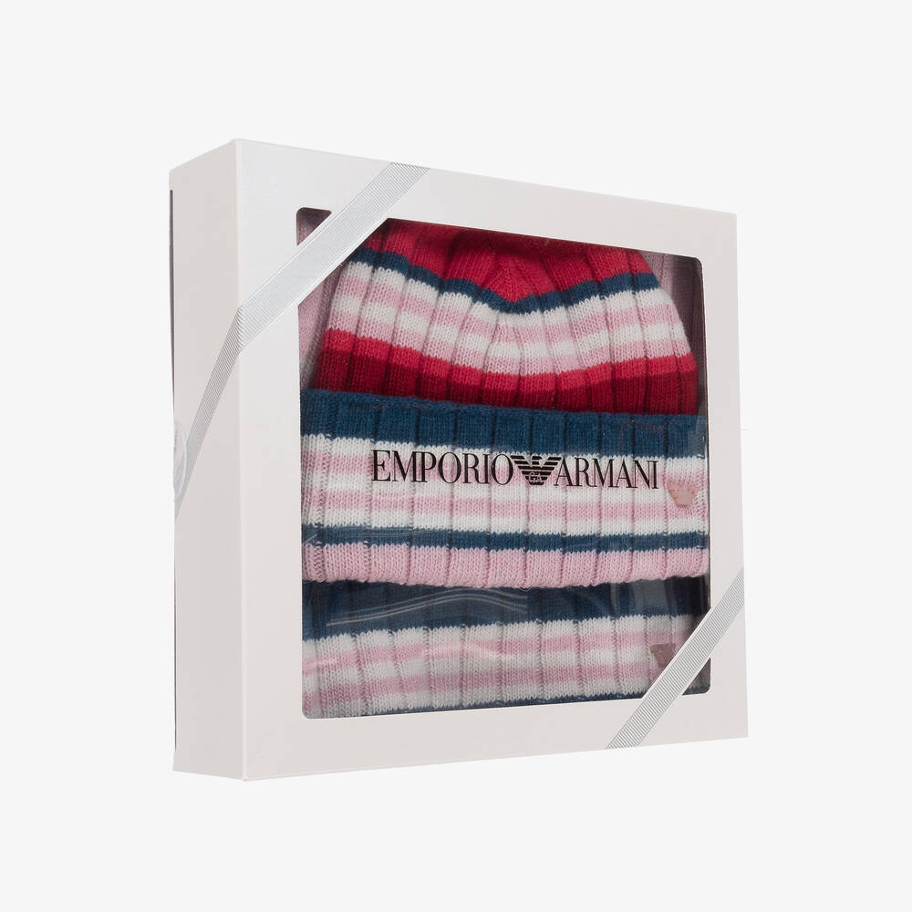 Emporio Armani Girls Pink Striped Hat Scarf Set Childrensalon Outlet