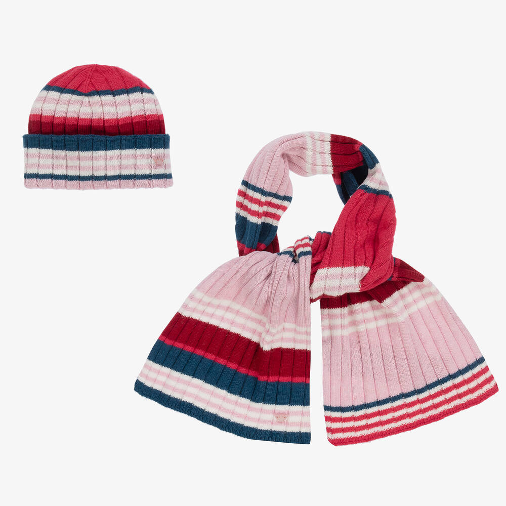 Emporio Armani - Bonnet et écharpe roses rayés fille | Childrensalon