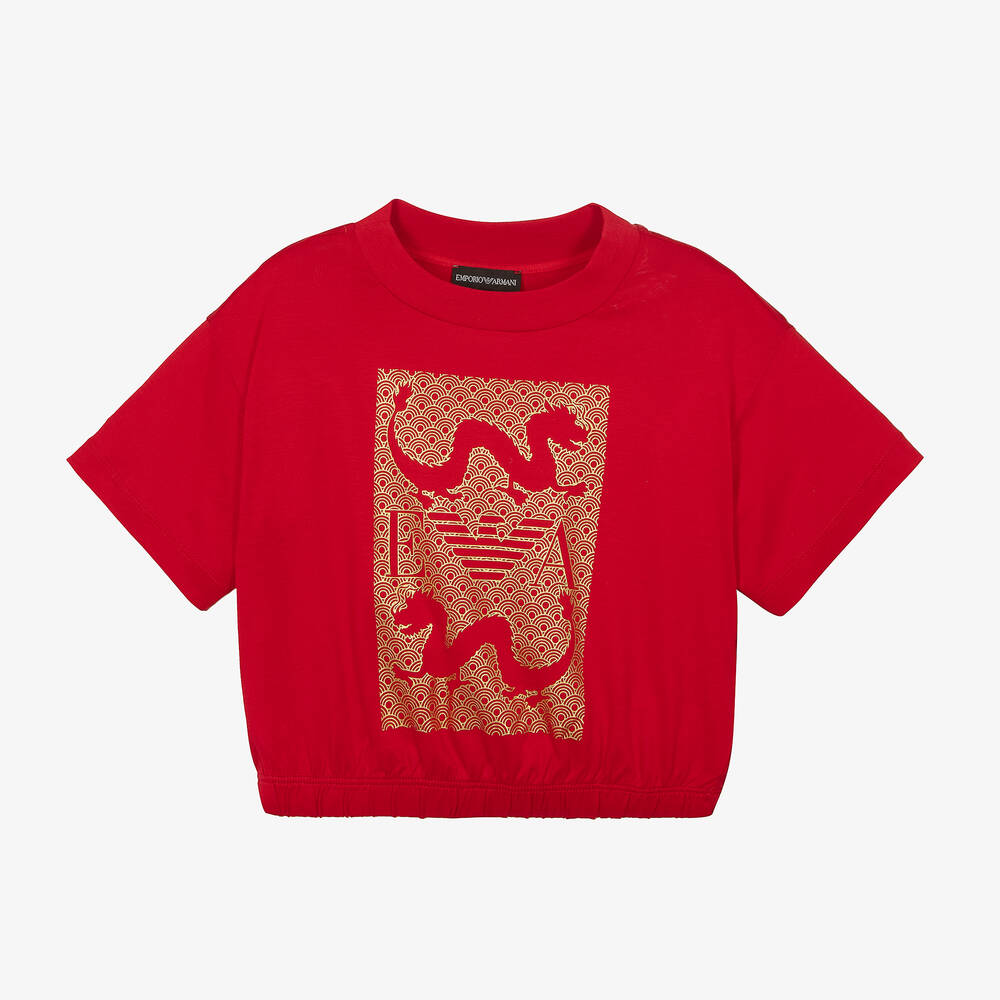 Emporio Armani-Girls Red & Gold Dragon T-Shirt | Childrensalon Outlet