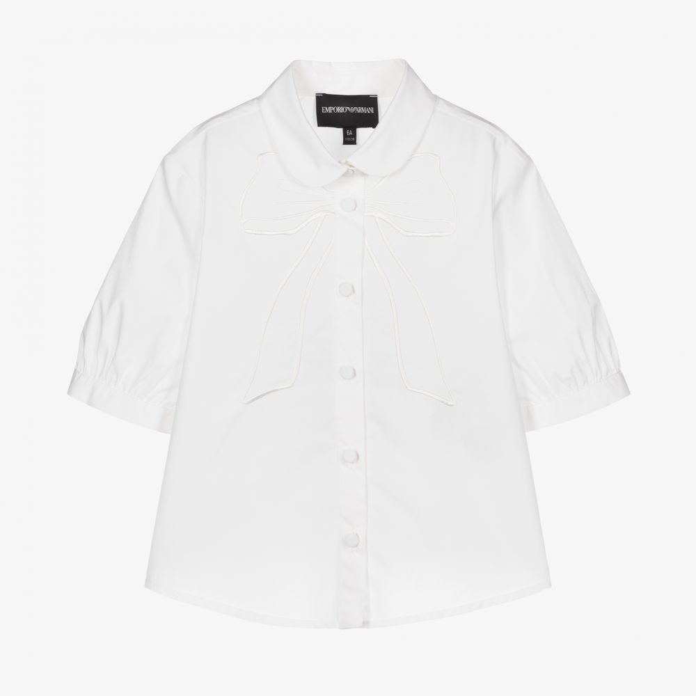 Emporio Armani - Girls White Cotton Bow Blouse | Childrensalon