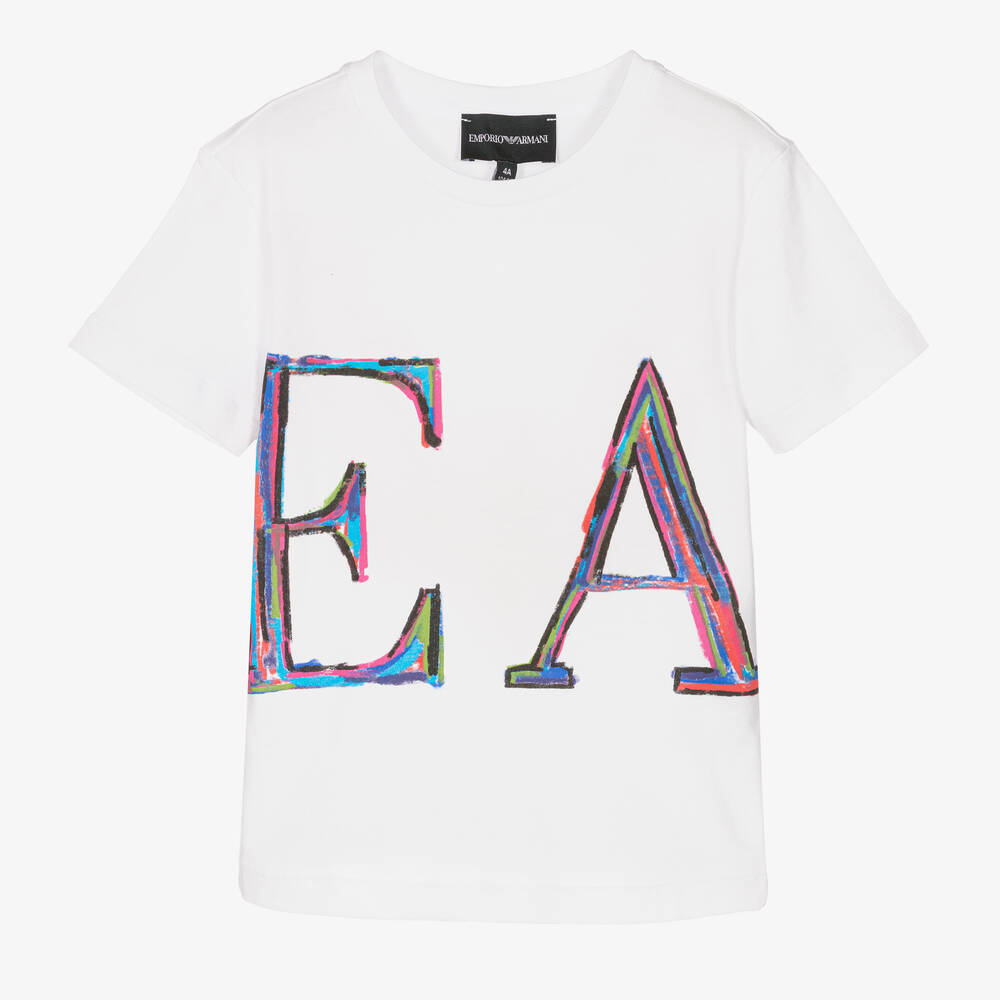 Emporio Armani - Girls White Cotton EA Logo T-Shirt | Childrensalon