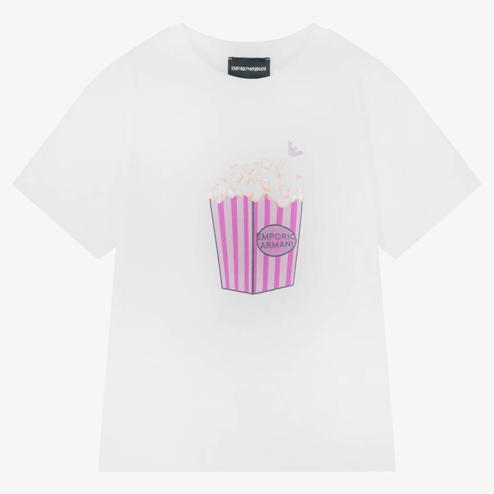 Emporio Armani - Girls White Cotton Popcorn Motif T-Shirt | Childrensalon
