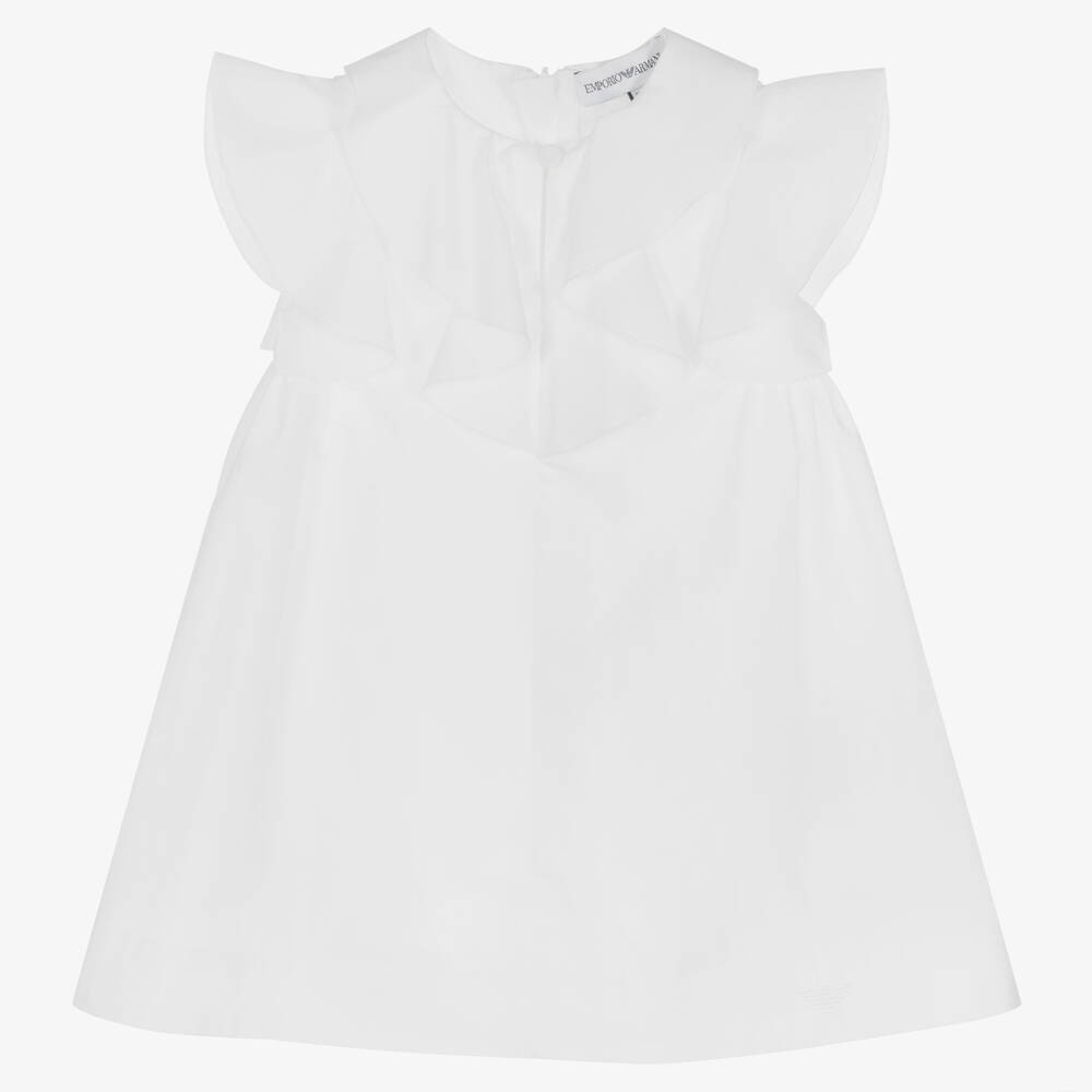 Emporio Armani - فستان أطفال بناتي قطن بوبلين لون أبيض | Childrensalon