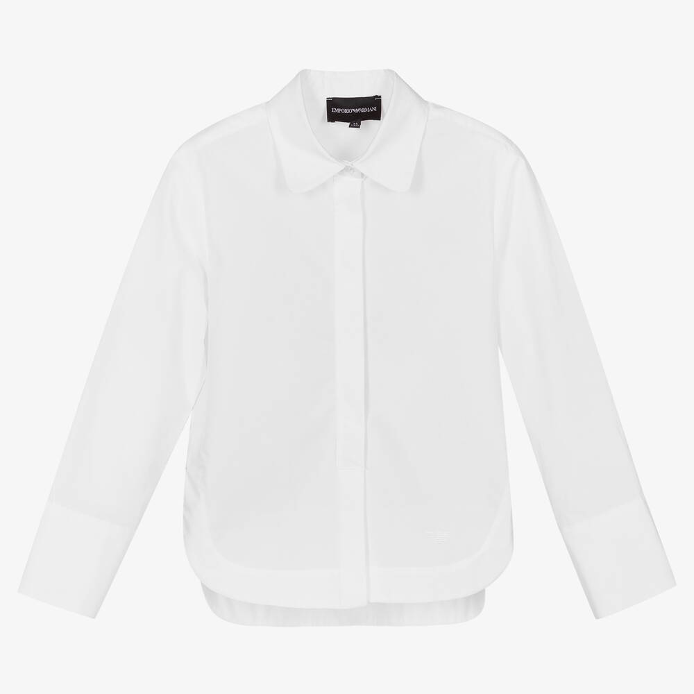 Emporio Armani - قميص قطن بوبلين لون أبيض للبنات | Childrensalon