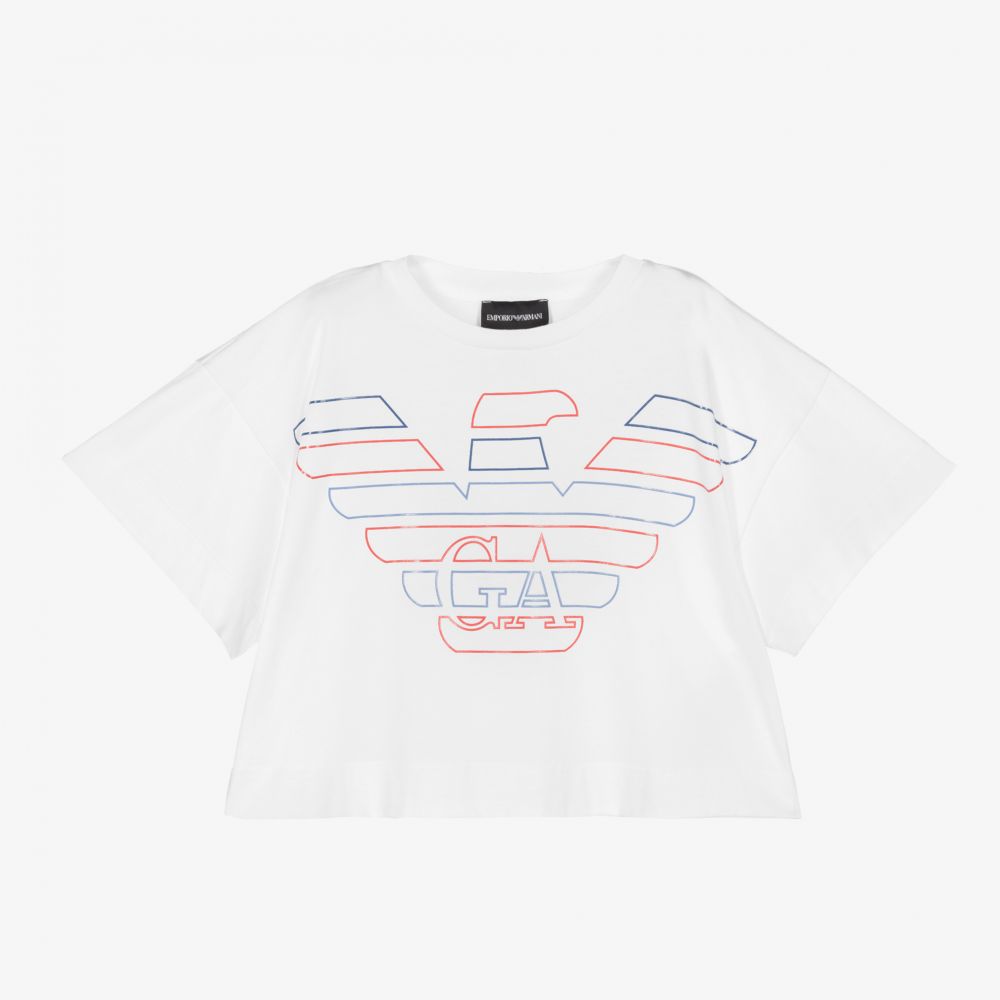 Emporio Armani - Weißes, kurzes T-Shirt für Mädchen | Childrensalon