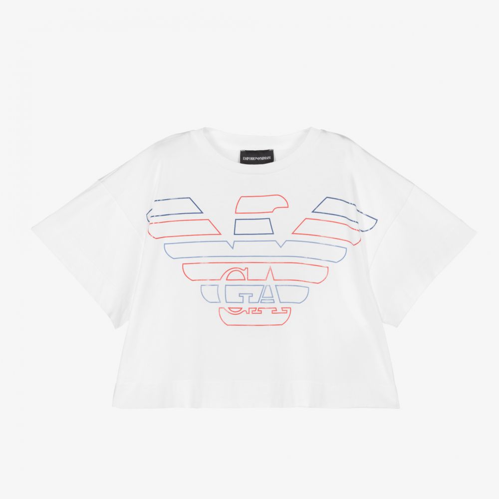 Emporio Armani - Girls White Cropped T-Shirt | Childrensalon