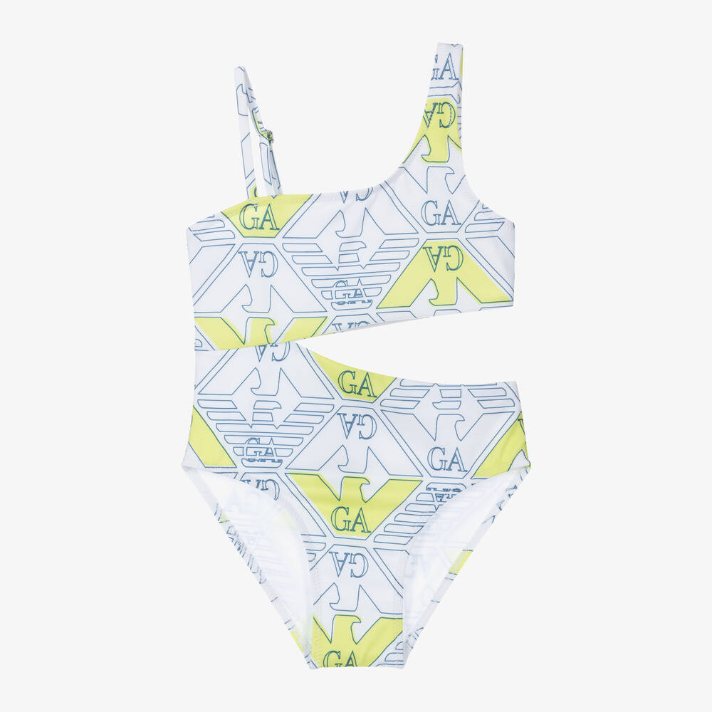 Emporio Armani-Girls White & Green Swimsuit | Childrensalon Outlet