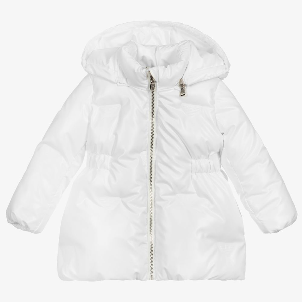 Emporio Armani - Girls White Hooded Coat | Childrensalon