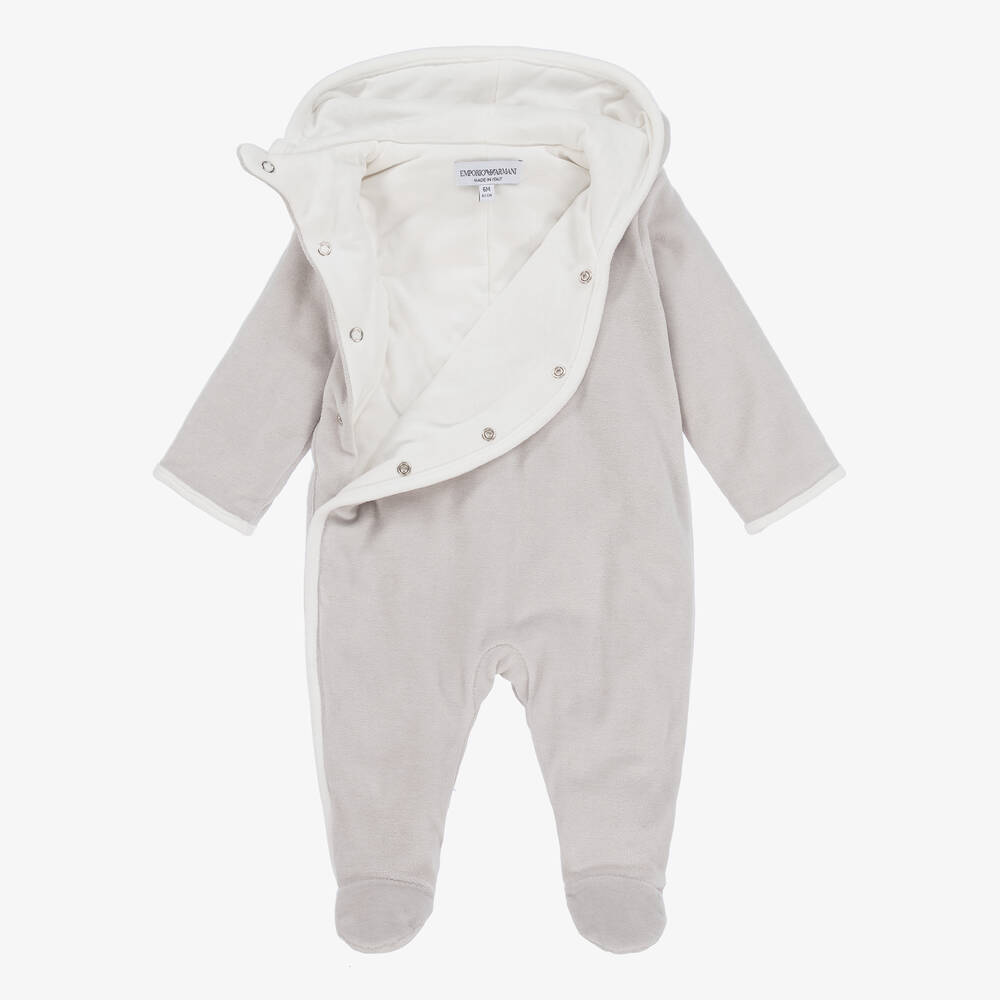 Emporio Armani-Grey Hooded Velour Pramsuit | Childrensalon Outlet