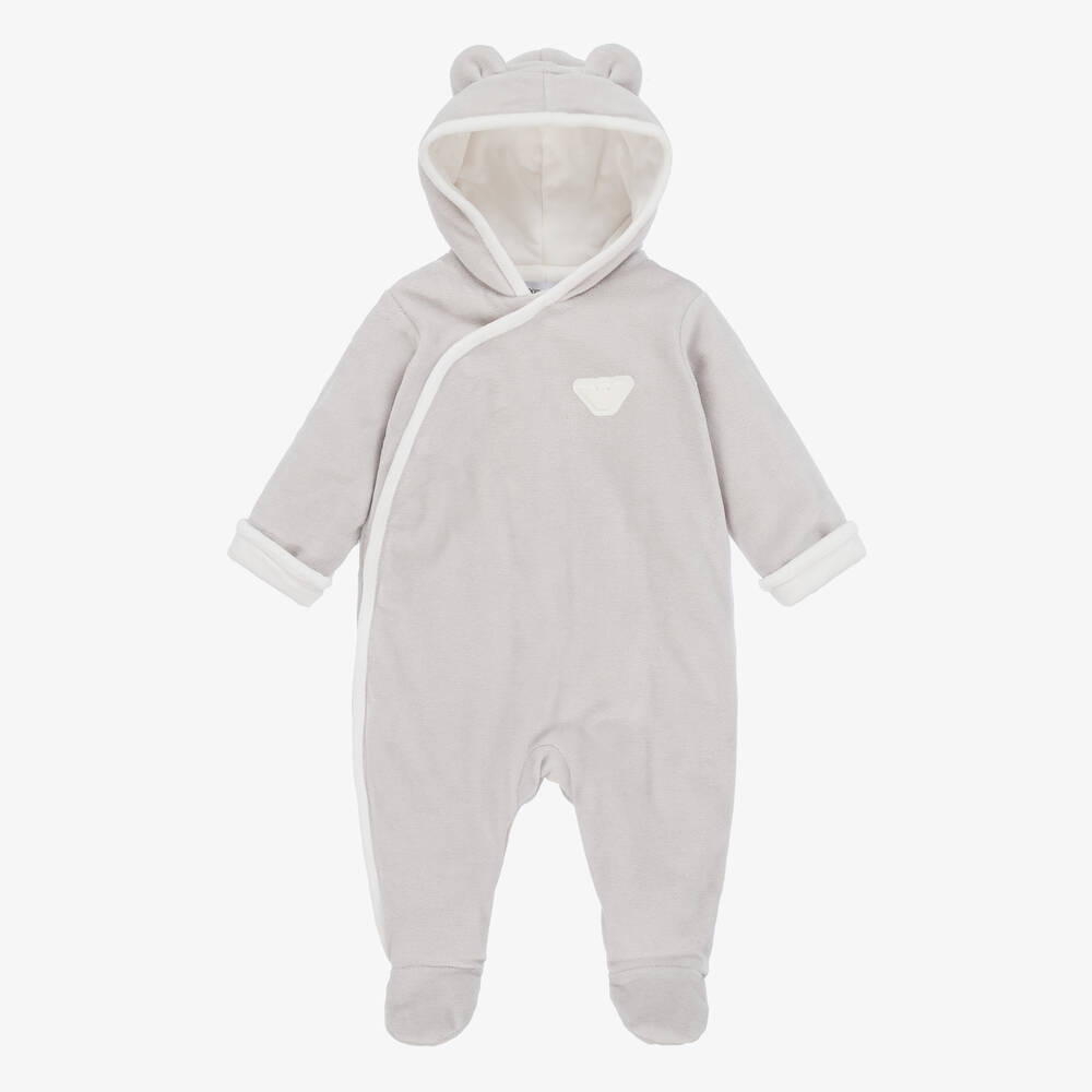 Emporio Armani - Combi-pilote velours gris à capuche | Childrensalon