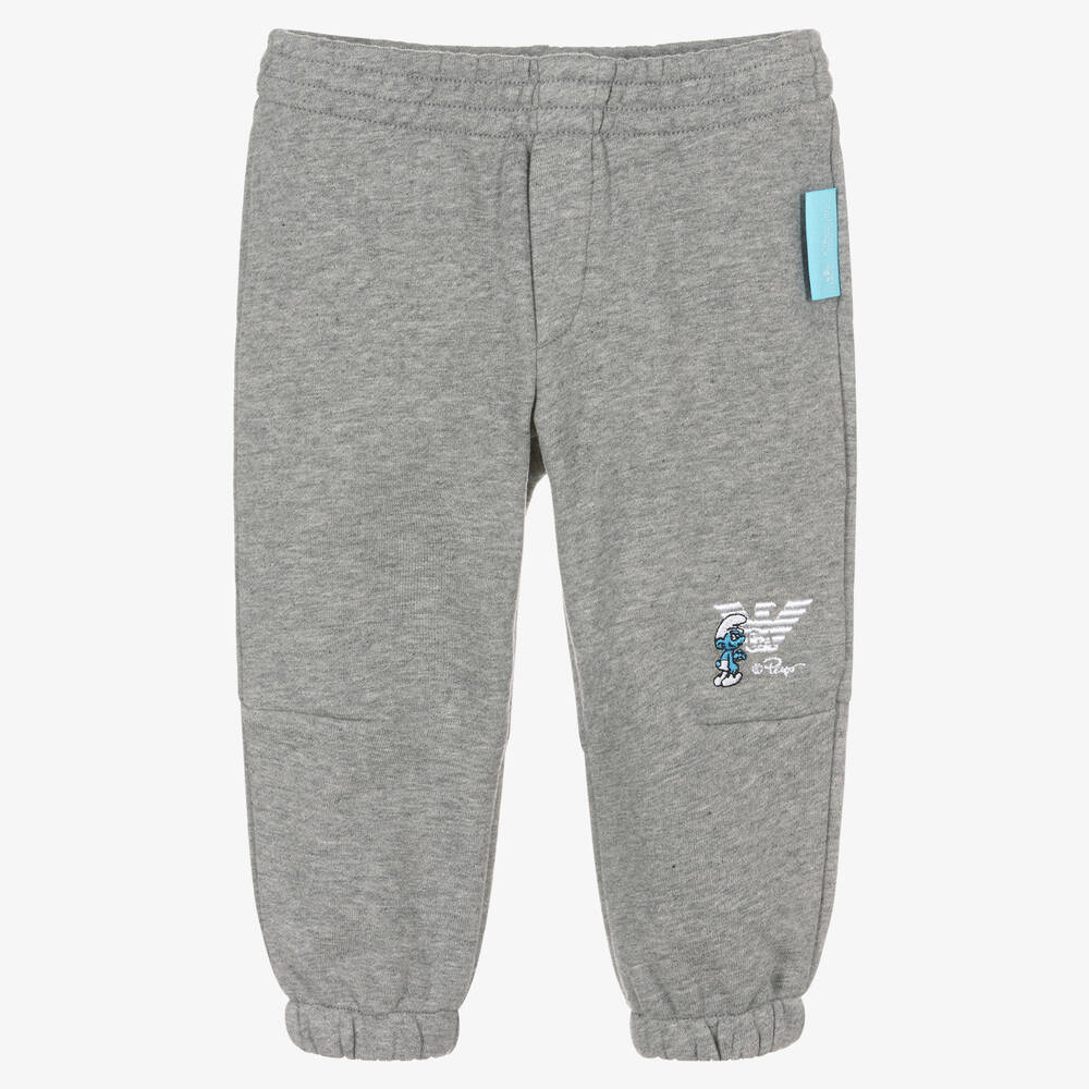 Emporio Armani - Grey Marl Cotton Smurfs Baby Joggers | Childrensalon