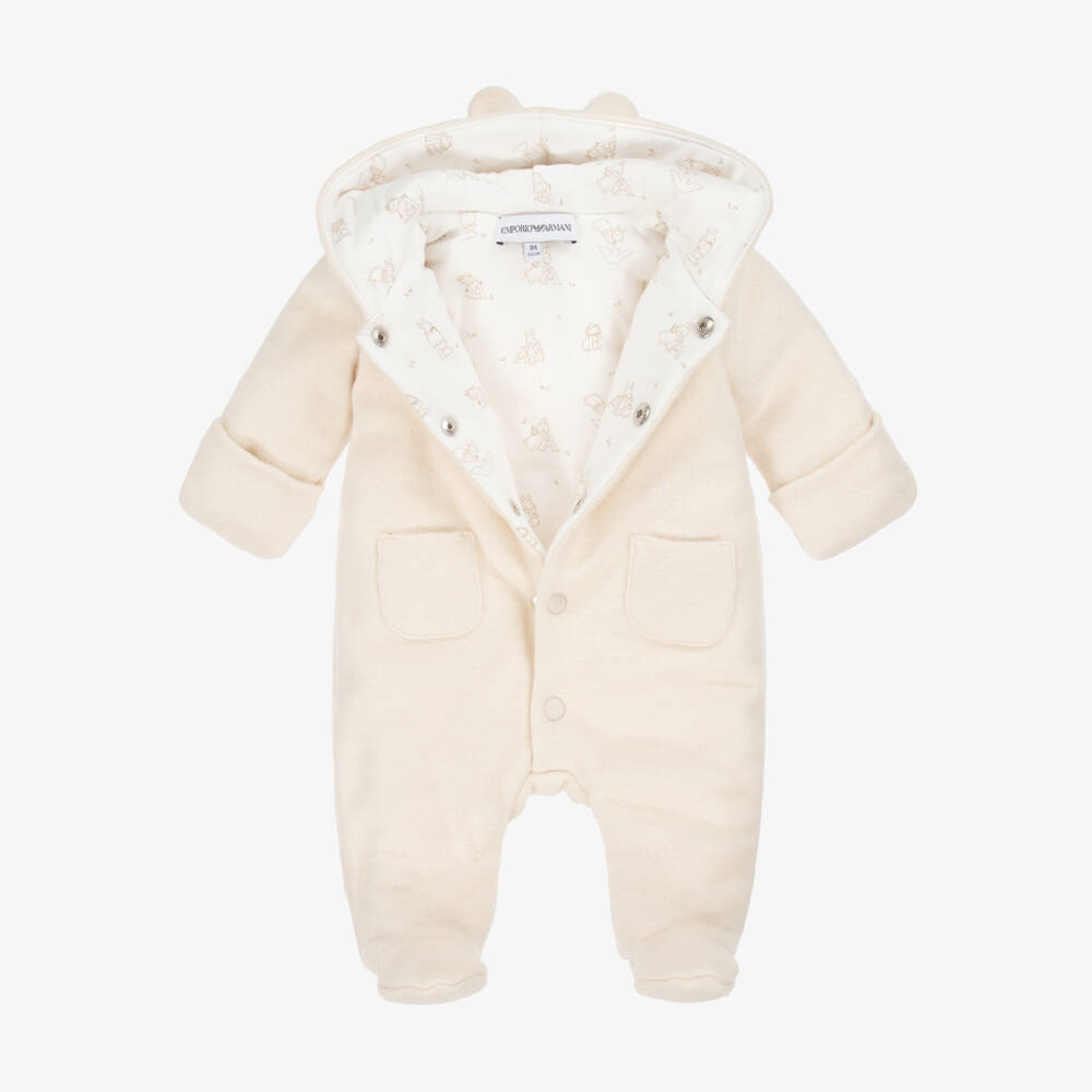 Emporio Armani-Ivory Cotton Fleece Eagle Logo Pramsuit | Childrensalon Outlet